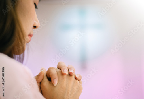 Photos Beautiful asia woman praying inside a church to god  blessing to wishing have a better life