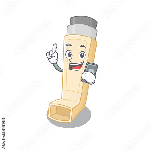 Cartoon design of asthma inhaler speaking on a phone