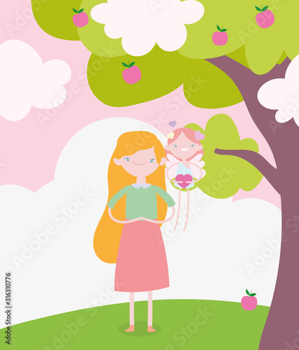 happy valentines day  cute girl and cupid with heart love tree fruits scene