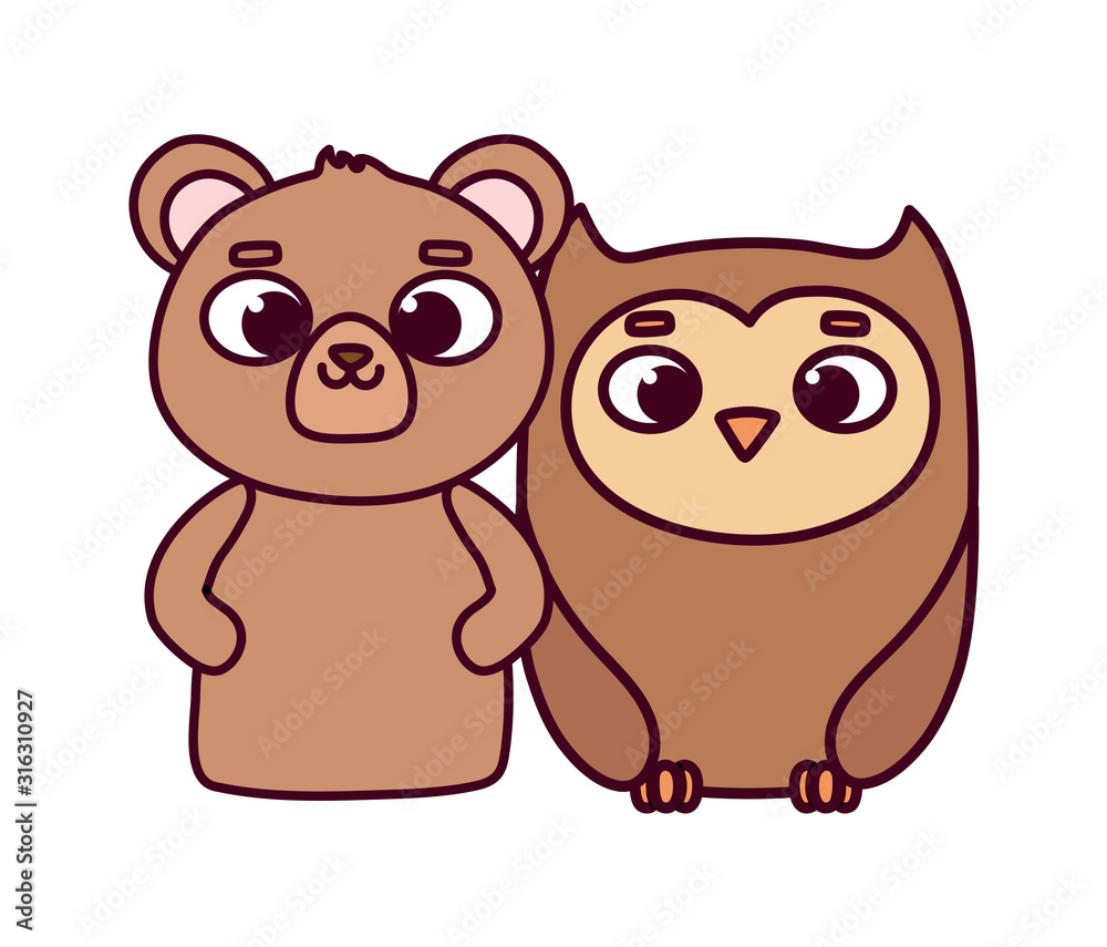 Obraz premium cute animals bear and owl cartoon