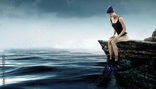 Swimmer woman at sea. Mixed media