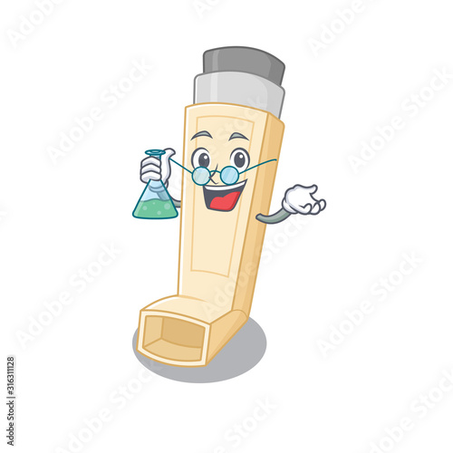 Smart Professor asthma inhaler cartoon character with glass tube