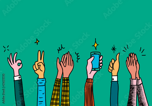Hand Drawn sketch style of Human hands clapping ovation. applause, thumbs up gesture on doodle style , vector illustration.