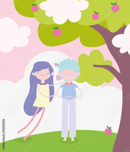 happy valentines day, cute young man with little cupid field tree fruits