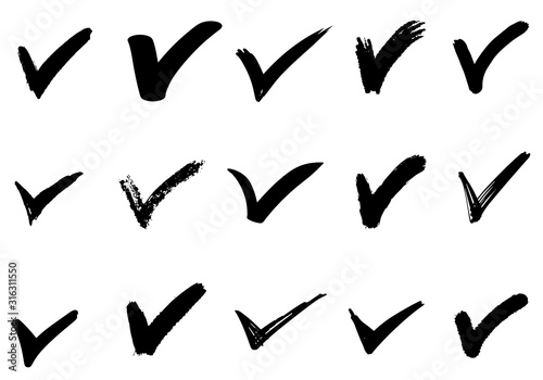 set of hand drawn check (V) signs isolated on white background. Vector checklist marks icon set. sketch check marks.