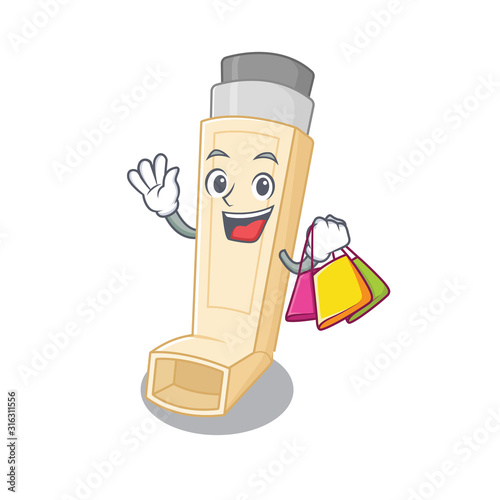 A happy rich asthma inhaler waving and holding Shopping bag