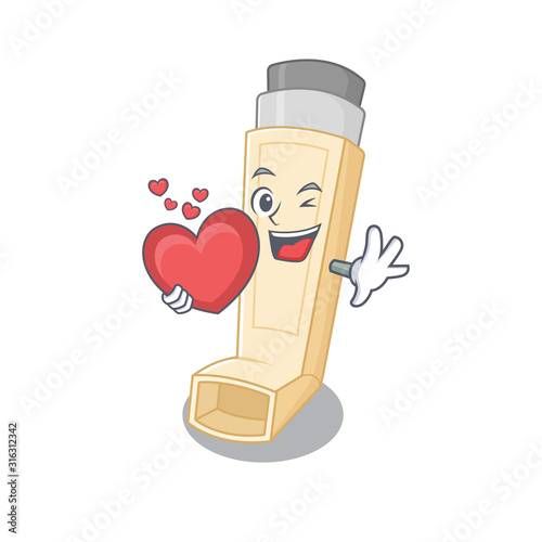Funny Face asthma inhaler cartoon character holding a heart