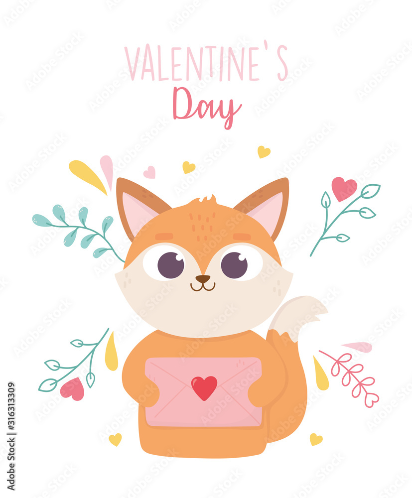 happy valentines day, cute fox with envelope letter flowers foliage