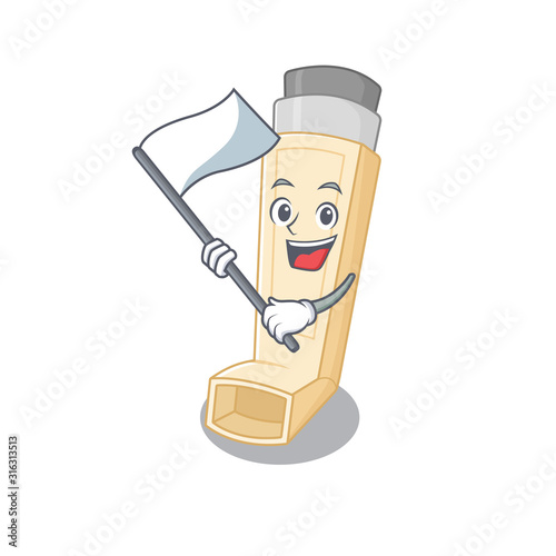 Funny asthma inhaler cartoon character style holding a standing flag