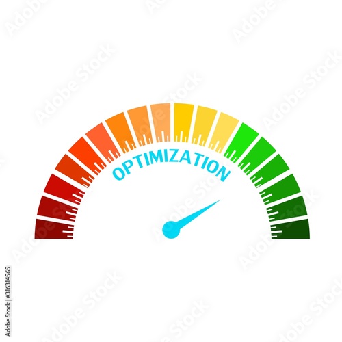 Scale with arrow. Optimization level measuring device icon. Sign tachometer, speedometer, indicators. Infographic gauge element.