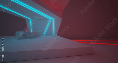 Abstract architectural white interior of a minimalist house with colored neon lighting. 3D illustration and rendering.