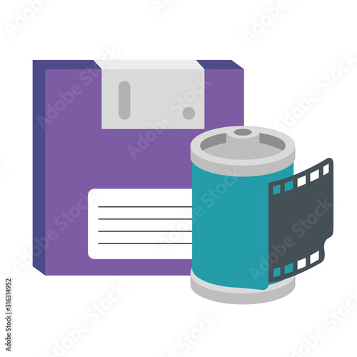 roll camera with floppy of nineties retro isolated icon