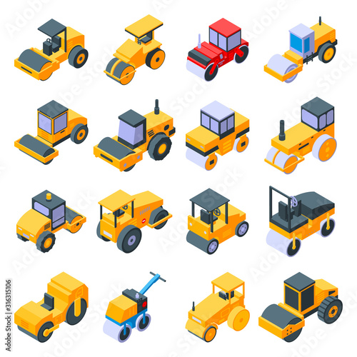 Road roller icons set. Isometric set of Road roller vector icons for web design isolated on white background
