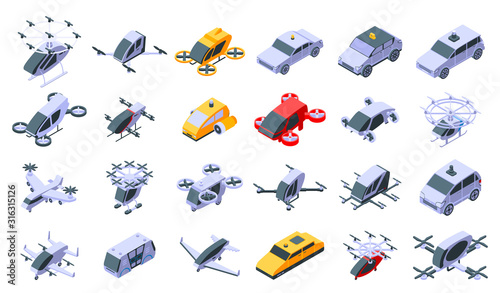 Unmanned taxi icons set. Isometric set of unmanned taxi vector icons for web design isolated on white background