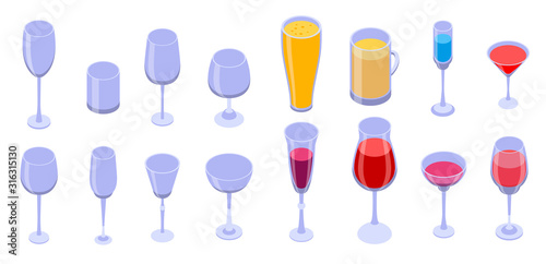 Wineglass icons set. Isometric set of wineglass vector icons for web design isolated on white background