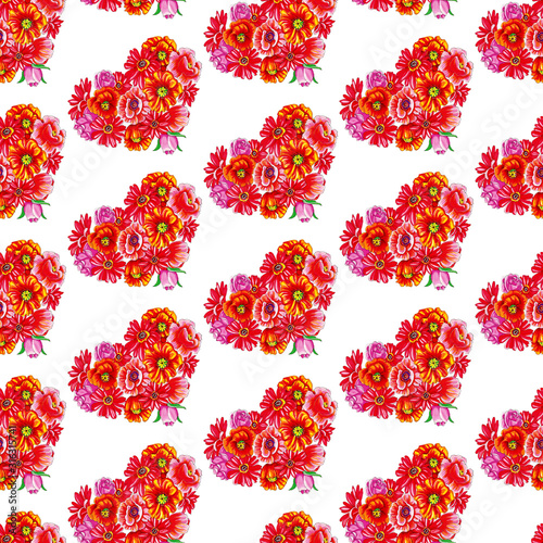 Heart of Summer Watercolor Floral Illustration isolated on white background. Seamless pattern