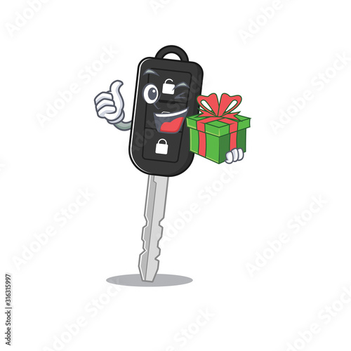 Smiley car key character with gift box