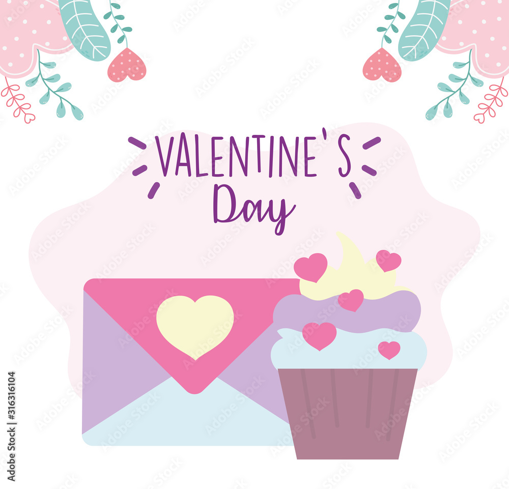 happy valentines day, sweet cupcake and message envelope hearts love foliage decoration