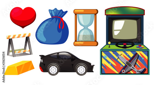 Set of game elements with game machine on isolated background