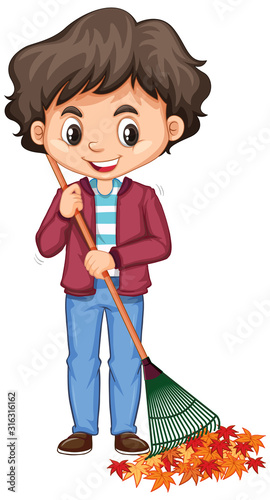 Happy raking leaves on white background