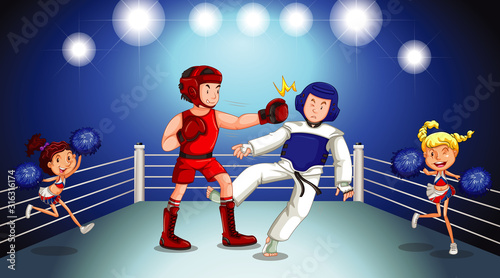 Background scene with athletes fighting in the ring
