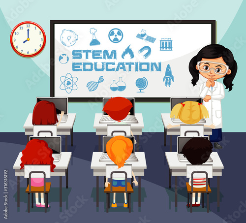 Science teacher teaching students in classroom