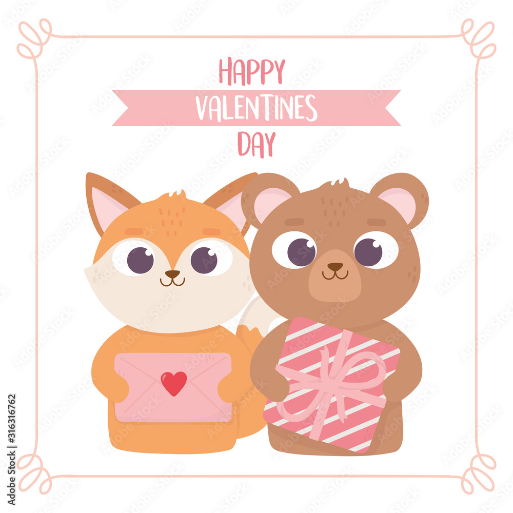 happy valentines day, cute fox and bear with gift and envelope love