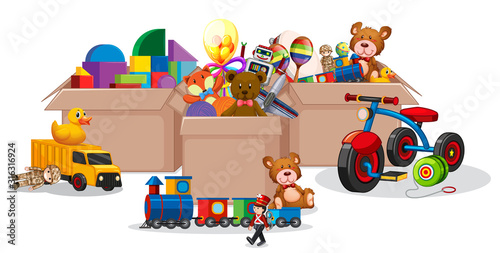 Three boxes full of toys on white background