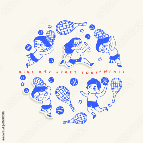 Layout template with kids playing sports : Vector Illustration