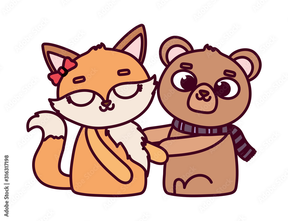 happy valentines day, cute animals bear and female fox cartoon happy valentines day, cute animals bear and female fox cartoon