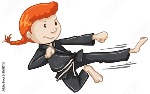 Athlete doing karate kick on white background