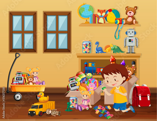 Scene with boy playing toys on the floor