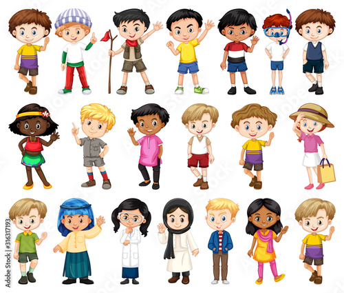 Large set of boys and girls doing different activity on white background