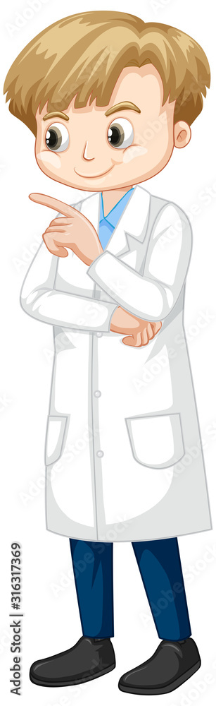 Cute boy in lab gown on white background