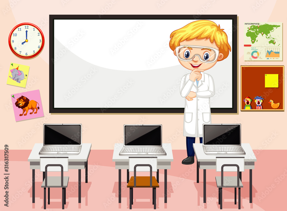 Classroom scene with science teacher and computers Classroom scene with science teacher and computers