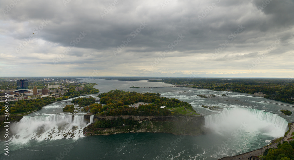Niagara River flowing north from Lake Erie to Lake Ontario at the Niagara Falls with gray clouds