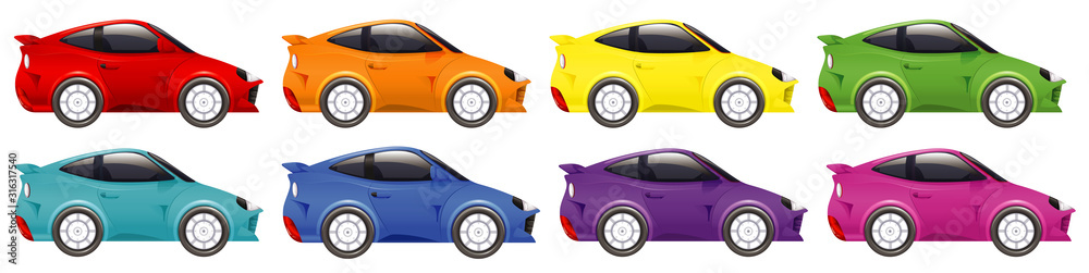 Set of racing cars in many color on isolated background