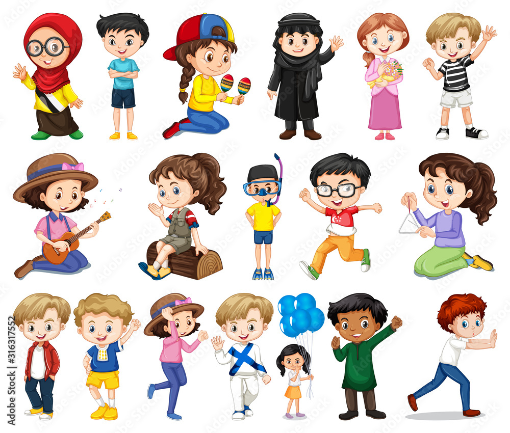 Large set of boys and girls doing different activity on white background