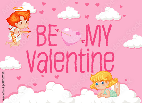 Valentine theme with two cupids in the clouds