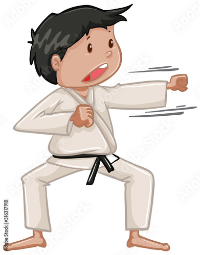 Athlete doing karate on white background