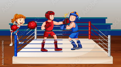 Background scene with athletes boxing in the ring