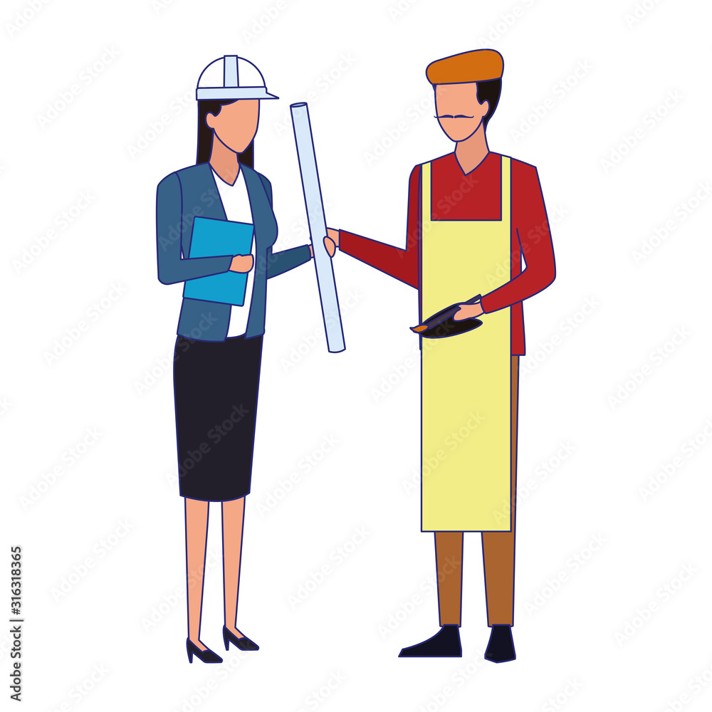 engineer woman and artist man standing, colorful design