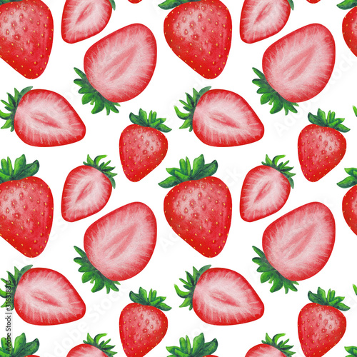 Fototapeta Naklejka Na Ścianę i Meble -  Hand Drawn Watercolor Strawberries Seamless Pattern. Red and Pink Berries Isolated on White Background