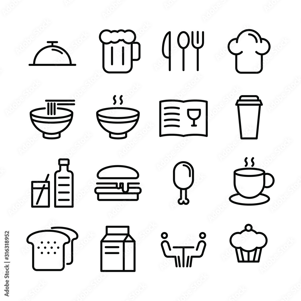 Collection of restaurant thin line icons. Food in black line illustration vector. Food line icon Bakery fast food fruits and vegetables breakfast drinks
