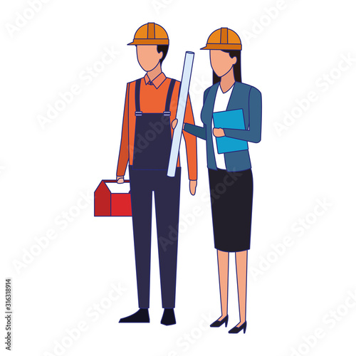 builder man and engineer woman standing, colorful design