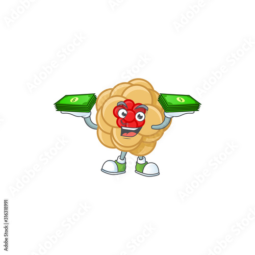 happy rich chinese gold flower character with money on hands