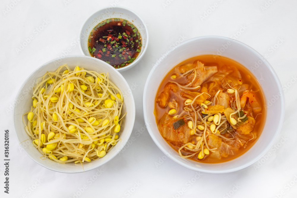 Rice cooked with bean sprouts and soup Kimchee and bean sprout Rice cooked with bean sprouts and soup Kimchee and bean sprout