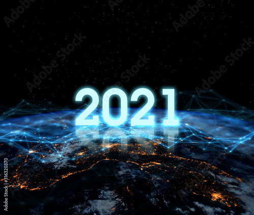 Fototapeta Naklejka Na Ścianę i Meble -  2021 Vision Technology. Global network for the exchange of data on the planet Earth. Blue black ground. Concept for new year 2021.Elements of this image furnished by NASA.
