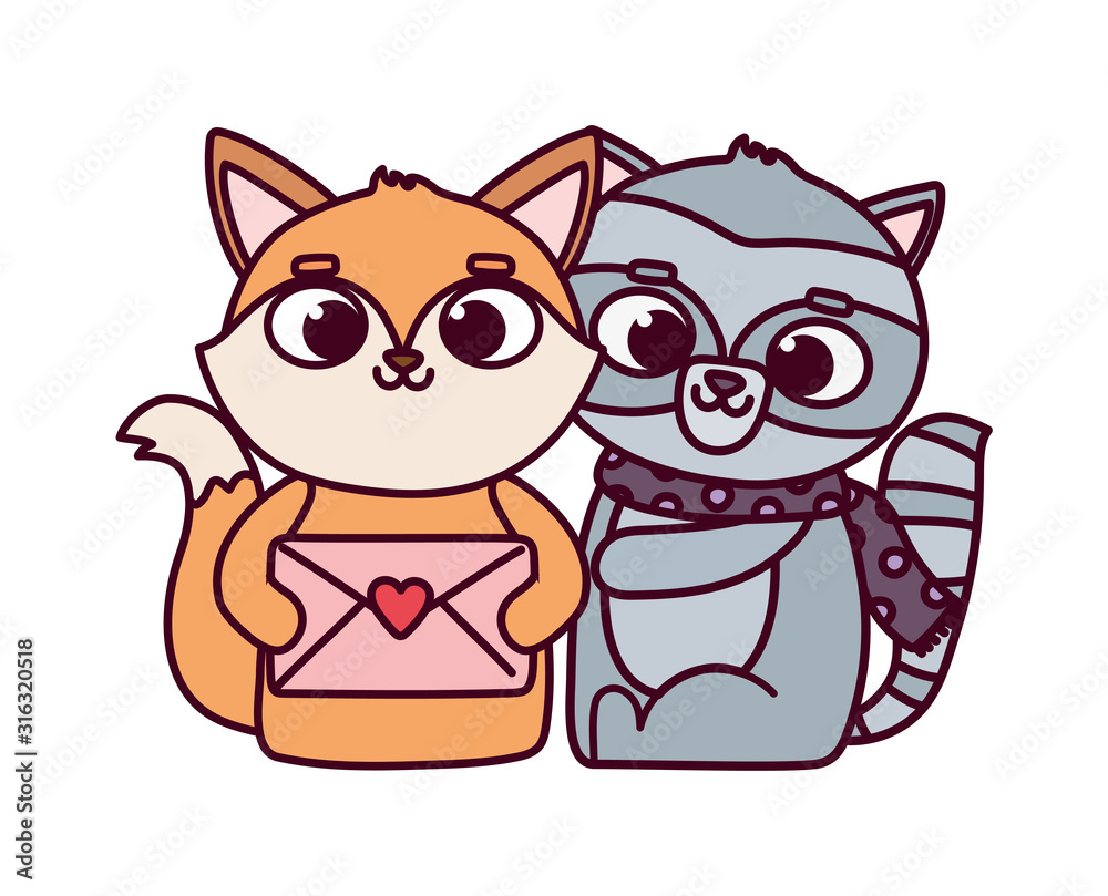 happy valentines day, cute animals raccoon and fox with message love happy valentines day, cute animals raccoon and fox with message love