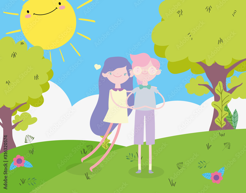 happy valentines day, cheerful young couple in meadow with flowers tree sun happy valentines day, cheerful young couple in meadow with flowers tree sun